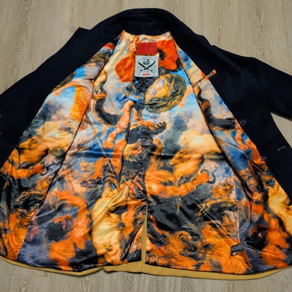 HUDSON Outerwear Atelier Wool Pea Coat Mens 3XL Navy Tan Color Block Silk Lined - Picture 3 of 9